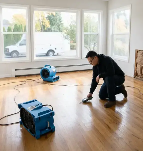 Technician confirming a hardwood floor is dry before water damage rebuild work in Peoria, AZ