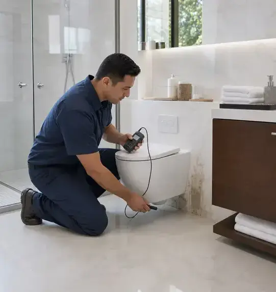 Technician checking moisture around a toilet and a water-stained bathroom wall in Peoria, AZ