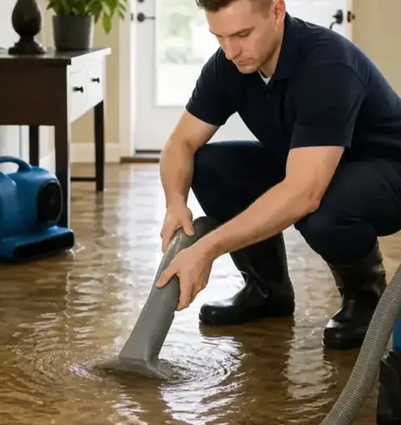 Technician removing standing water from a floor with an extraction wand in Peoria, AZ