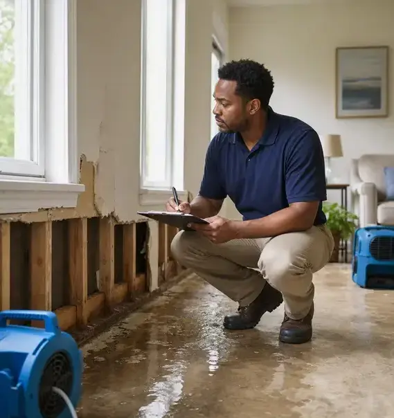 Technician documenting water damage on a clipboard to support an insurance claim in Peoria, AZ