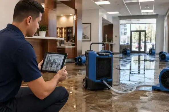 Technician reviewing moisture readings beside a dehumidifier and air movers in a flooded lobby in Peoria, AZ