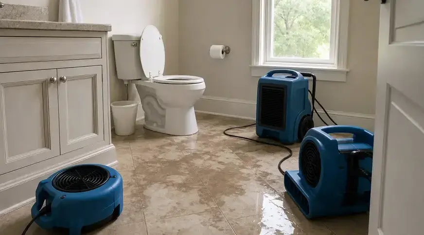 Air movers and a dehumidifier drying a bathroom floor after a toilet overflow in Peoria, AZ