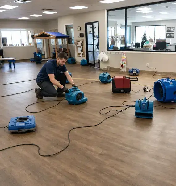 Technician placing air movers across a wet floor during commercial water damage restoration in Peoria, AZ
