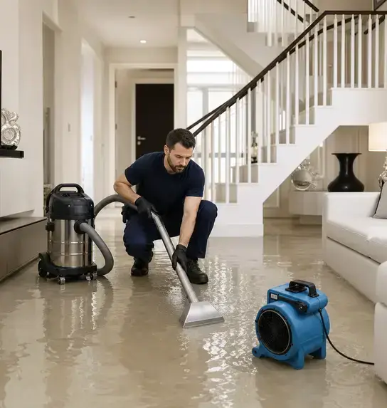 Technician extracting floodwater from a flooded lower level during basement flood cleanup in Peoria, AZ