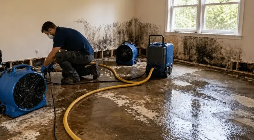 Technician drying an emptied, water-damaged room after its contents were packed out in Peoria, AZ