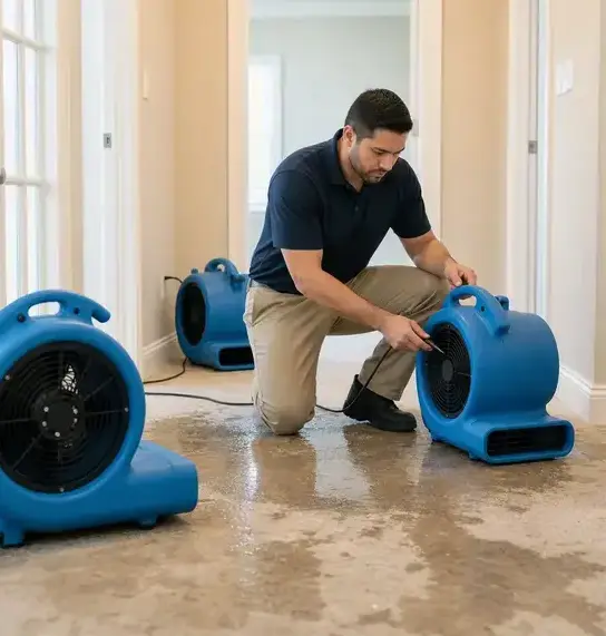 Technician setting up air movers on a wet hallway floor after a burst pipe in Peoria, AZ