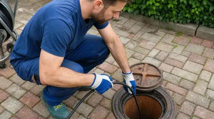 Technician running a drain line into an outdoor sewer access in Peoria, AZ