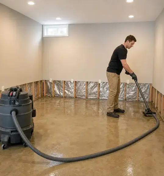 Technician vacuuming floodwater from a basement floor with cut-back walls during flood damage restoration in Peoria, AZ