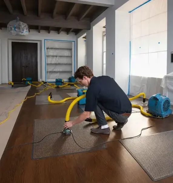 Technician setting up floor-drying mats on hardwood, one of the factors behind water damage restoration cost in Peoria, AZ