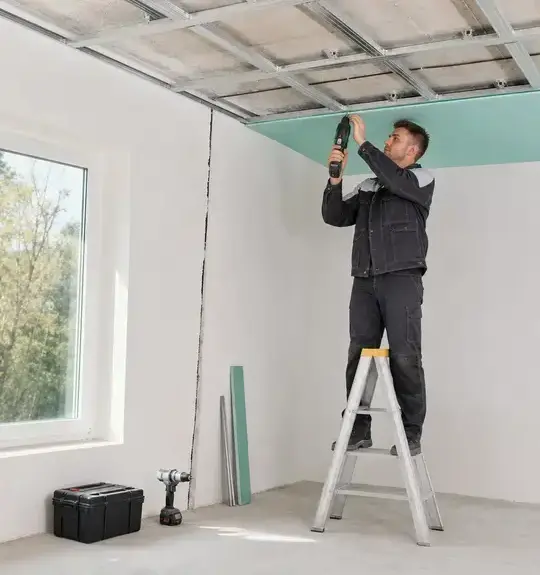 Worker installing a new drywall ceiling panel during ceiling water damage repair in Peoria, AZ