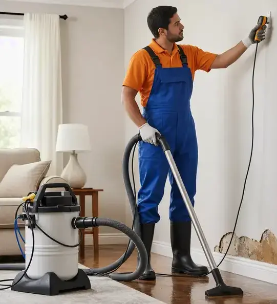 Restoration worker checking a water-damaged wall with a moisture meter in Peoria, AZ