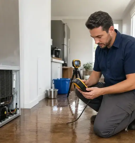 Technician using a moisture meter and thermal camera to assess water damage in a kitchen in Peoria, AZ