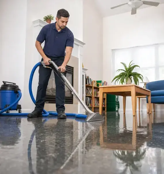 Technician extracting standing water from a living room floor during emergency water damage cleanup in Peoria, AZ