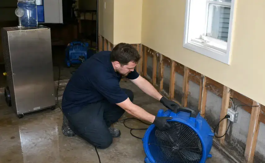 Technician positioning an air mover beside cut-back drywall to dry a flooded room in Peoria, AZ