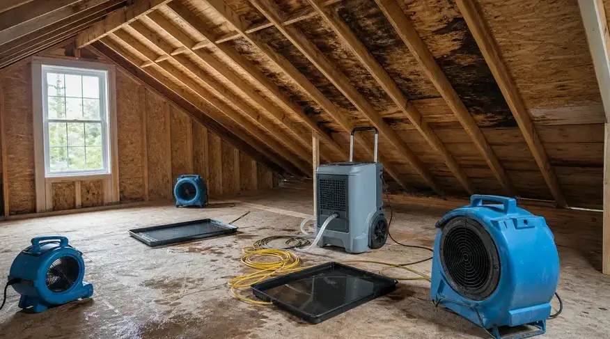 Dehumidifier and air movers drying an attic with water-stained roof sheathing in Peoria, AZ