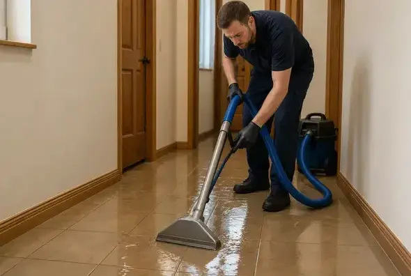 Technician extracting water from a tiled hallway floor in Peoria, AZ
