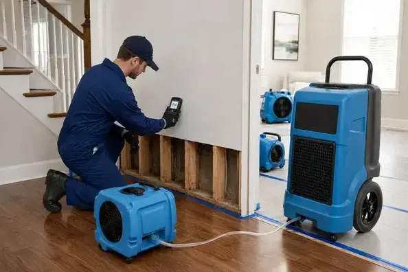 Technician checking moisture behind removed drywall with air movers and a dehumidifier after a flood in Peoria, AZ