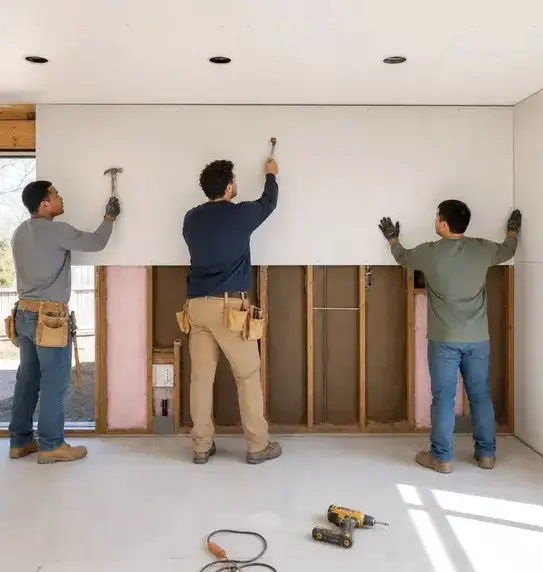 Crew hanging new drywall over opened wall framing during water damage repair in Peoria, AZ